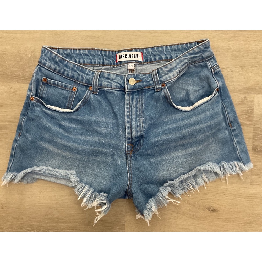 Disclosure Womens High Waisted Frayed Denim Cutoff Shorts Blue Medium Wash 13/31